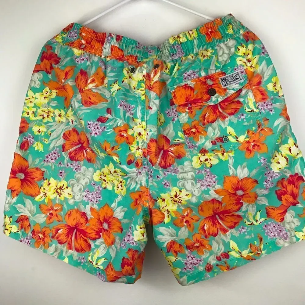 Polo Ralph Lauren Teal and Orange Hibiscus Tropical Print Swim Trunks